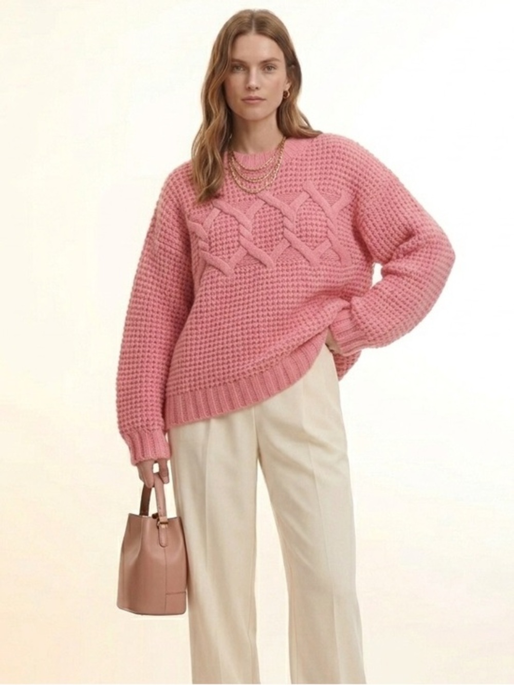 Banana Republic Pink Wool Cable Knit Design Crewneck Sweater